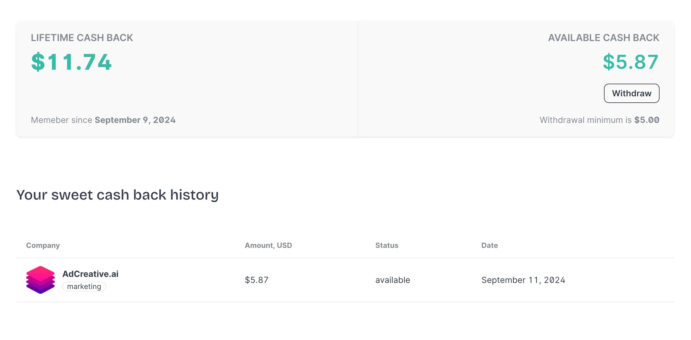 Rewarding Tools cashback table screenshot